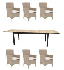 Venture Design - Mexico Garden Table 160/240x90 cm - Alu/Teak with 6 pcs. Malin Garden Chairs with Cushion - Nature/Black - Bundle