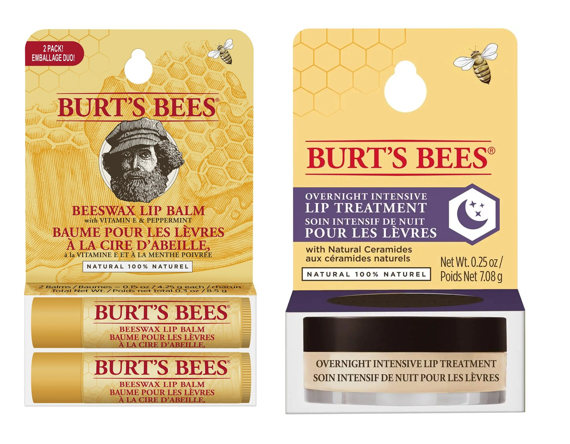 Burt's Bees - Uni Beeswax Lip Balm Tube Blister Twin Pack + Burt's Bees - Overnight Lip Treatment - Skjønnhet