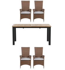 Venture Design - Panama Garden Table 152/210x90 cm with 4 pcs. Padova Garden Recliner Chairs with Cushion - Alu/Rattan - Nature/Black/Teak - Bundle