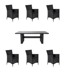 Venture Design - Padova Garden Table 200x100 cm - Rattan/Glas with 6 pcs. Knick Garden Chairs - Rattan - Black - Bundle