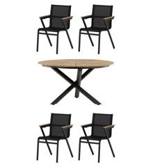 Venture Design - Mexico Garden Table ø 140 cm - Alu/Teak with 4 pcs. Mexico Garden Chairs - Alu/Textilene/Teak box  - Black - Bundle