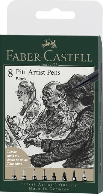 Faber-Castell - Pitt Artist Pen India ink pen Sort, 8 stk (167158)