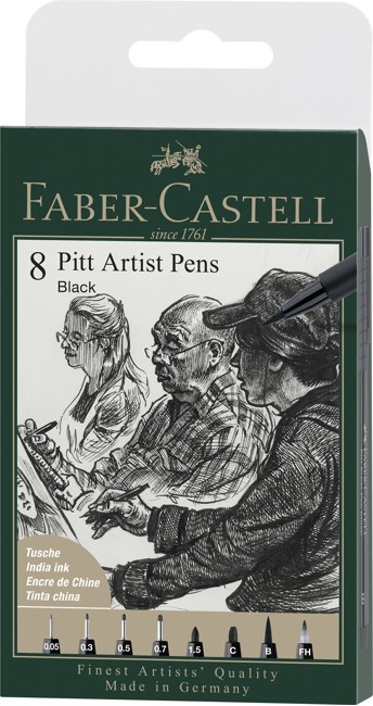 Faber-Castell - Pitt Artist Pen India ink pen, wallet of 8, black (167158)