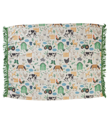 Rice - Chenile Blanket  with Blue Farm Animals And Green Fringes Assorted