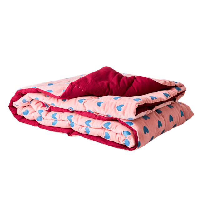 Rice - Velvet Quilt with Hearts in Pink and Gendarme Blue Assorted