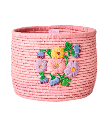 Rice - Raffia Round Basket with Flower Embroidery in Pink - Large Pink
