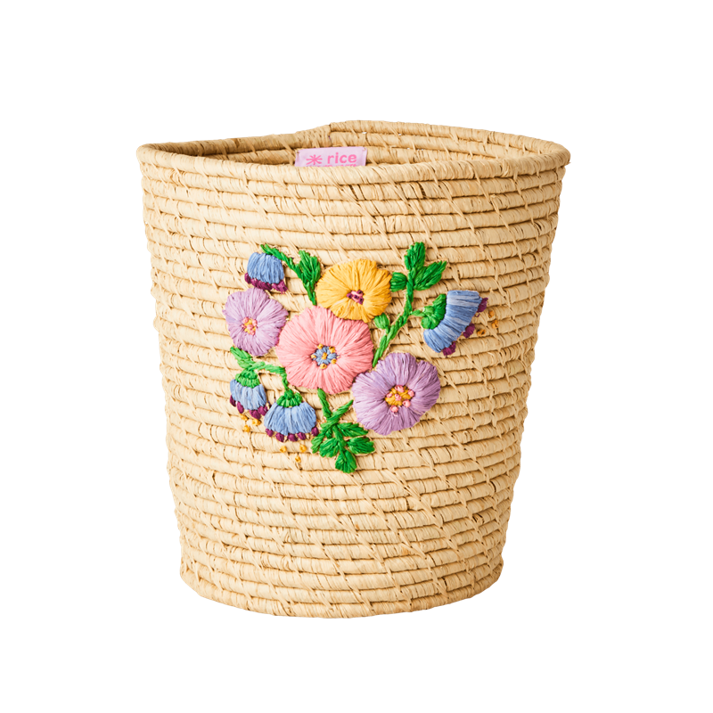 Rice - Raffia Round Basket with Flower Embroidery in Nature - Medium nature