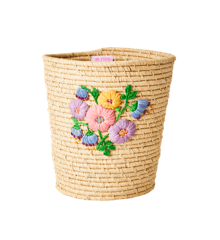 Rice - Raffia Round Basket with Flower Embroidery in Nature - Medium nature