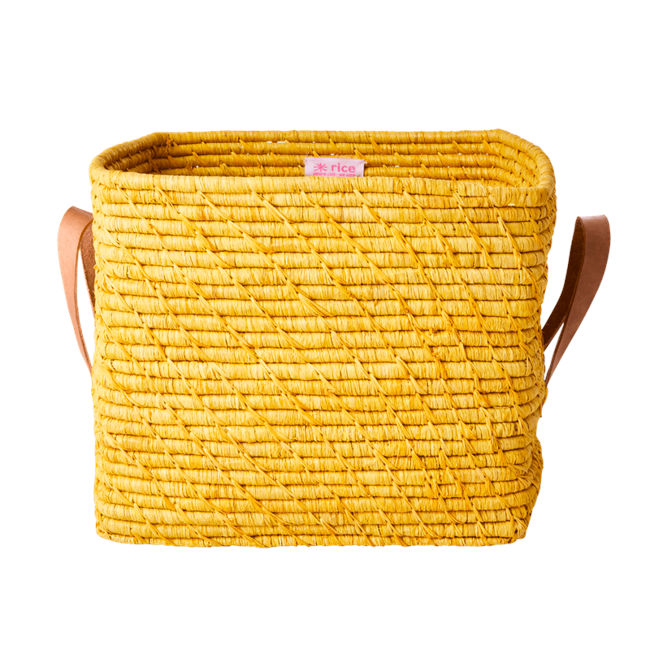 Rice - Small Square Raffia Basket with Leather Handles Yellow