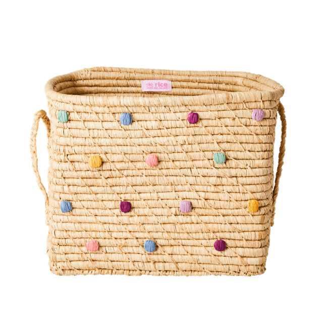 Rice - Small Square Raffia Basket with Leather Handles Out Colors