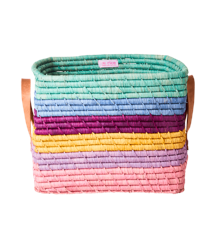 Rice - Small Square Raffia Basket with Leather Handles Multi