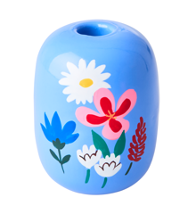 Rice - Metal Candleholder Large  Blue with Hand Painted Flowers