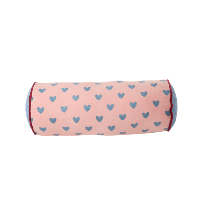 Rice - Velvet Bolster Pillow Pink with Gendarme Hearts - Medium