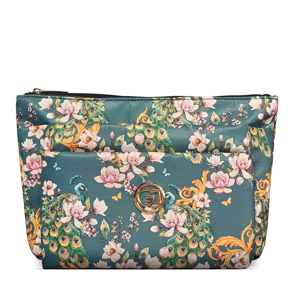 Gillian Jones - 3-room cosmetic bag - Green flowerprint - Skjønnhet