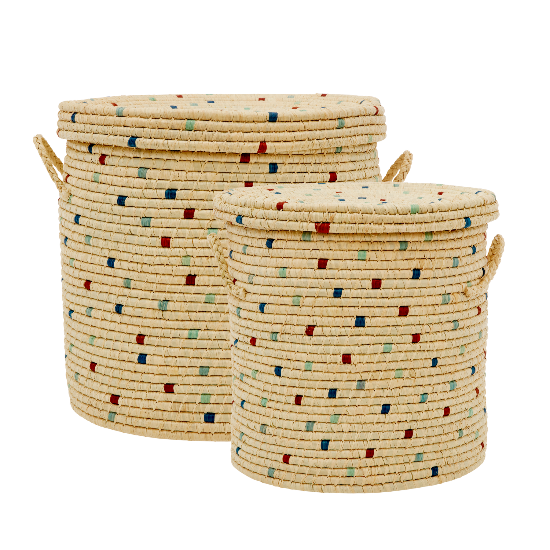 Rice - Laundry Basket in Raffia with Blue Details - Set of 2 - Hjemme og kjøkken