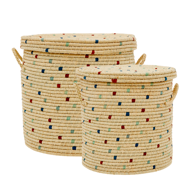 Rice - Laundry Basket in Raffia with Blue Details - Set of 2