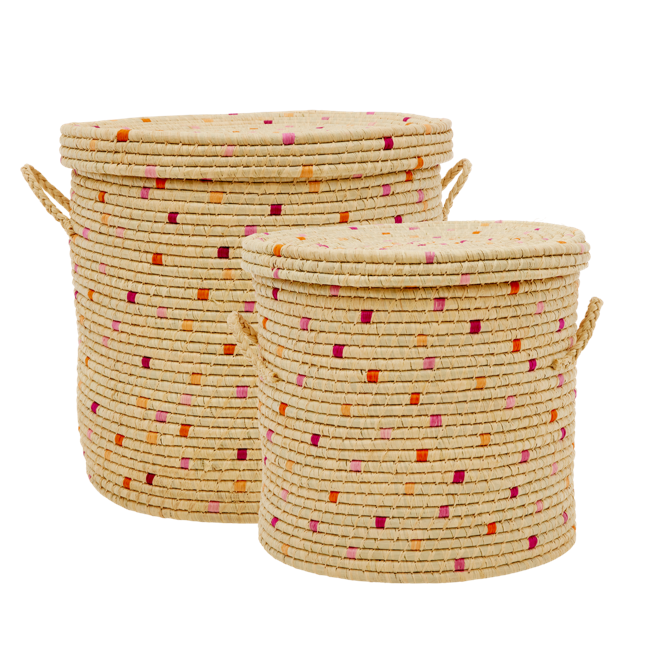 Rice - Vasketøjskurv i Raffia Med Røde Detaljer - Sæt med 2