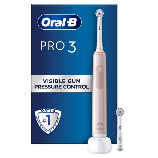 Oral-B - Pro3 3400N - Elektrisk Tandbørste - Pink Sensi ( Ekstra Børstehovede Inkluderet )