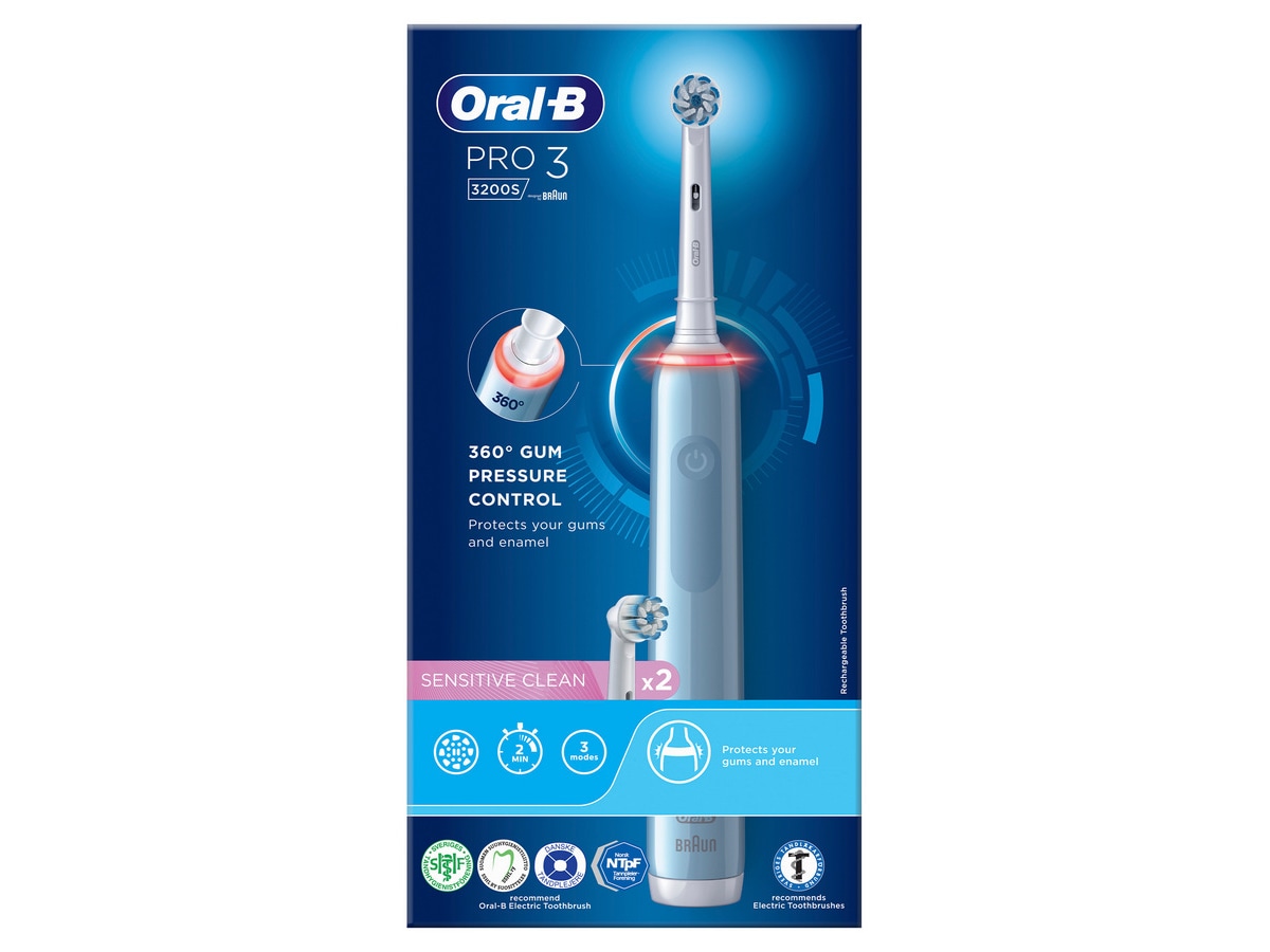 Køb Oral-B Pro3 3200S Blue Sensi - Elektrisk Tandbørste (Ekstra Børstehovede Inkluderet) - fragt