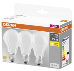 OSRAM LED BASE standard mat 806lm 6,5W/827 (60W) E27 3-pak