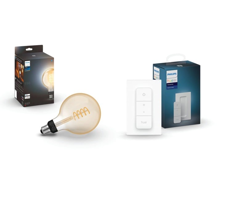 Philips Hue - E27 Filament G125 - White Ambiance & Dimmerströmbrytare - Paket