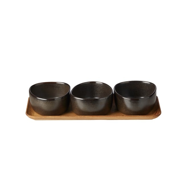 RAW crafted - 3 x Organic bowls on teakwooden board - Metallic brown (15954)