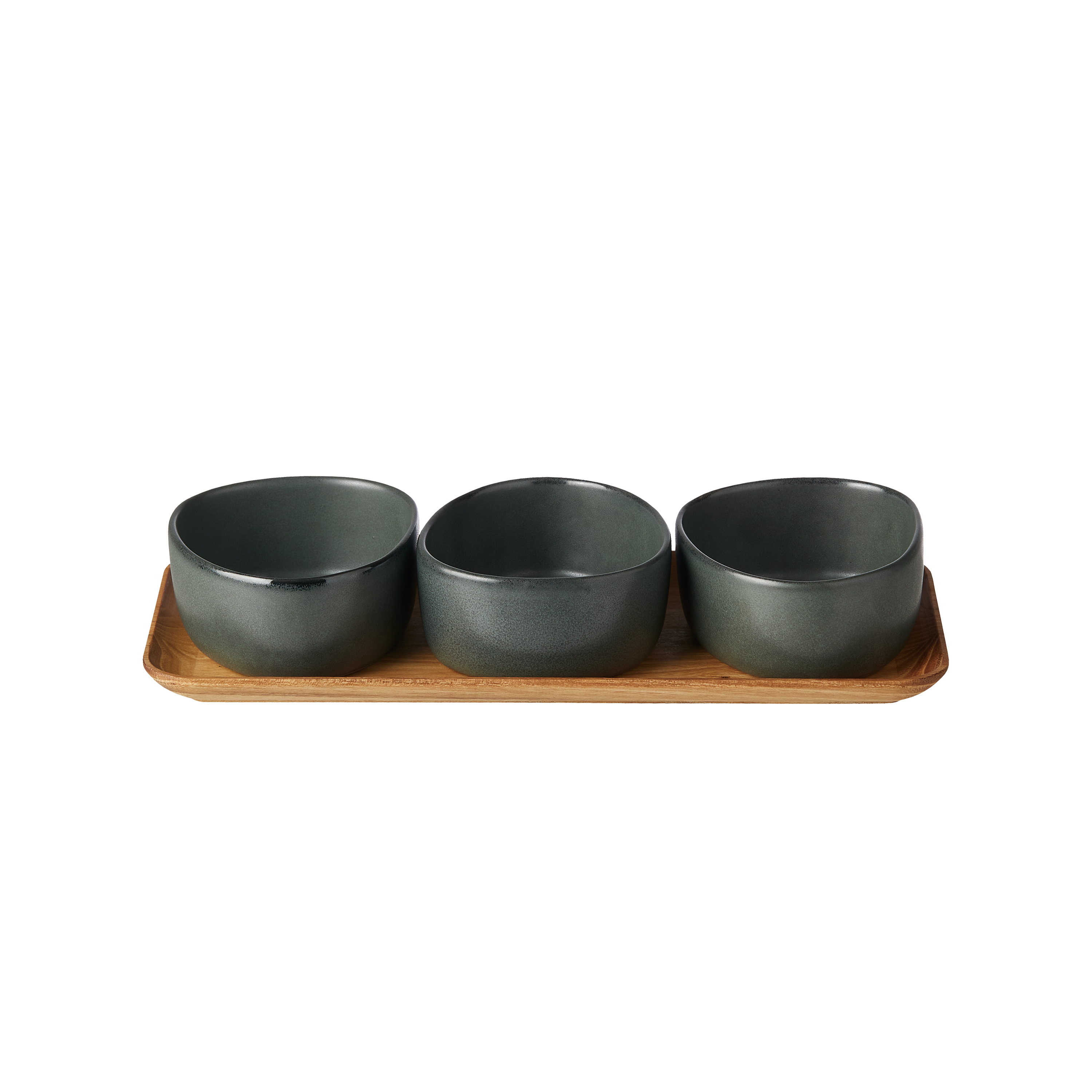 RAW crafted - 3 x Organic bowls on teakwooden board - Northern green (15810)
