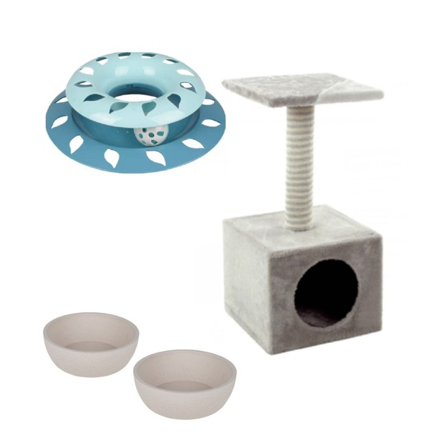 Flamingo - Cat bamboo bowls + toy + scratching tree with cave