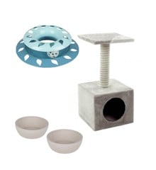 Flamingo - Cat bamboo bowls + toy + scratching tree with cave