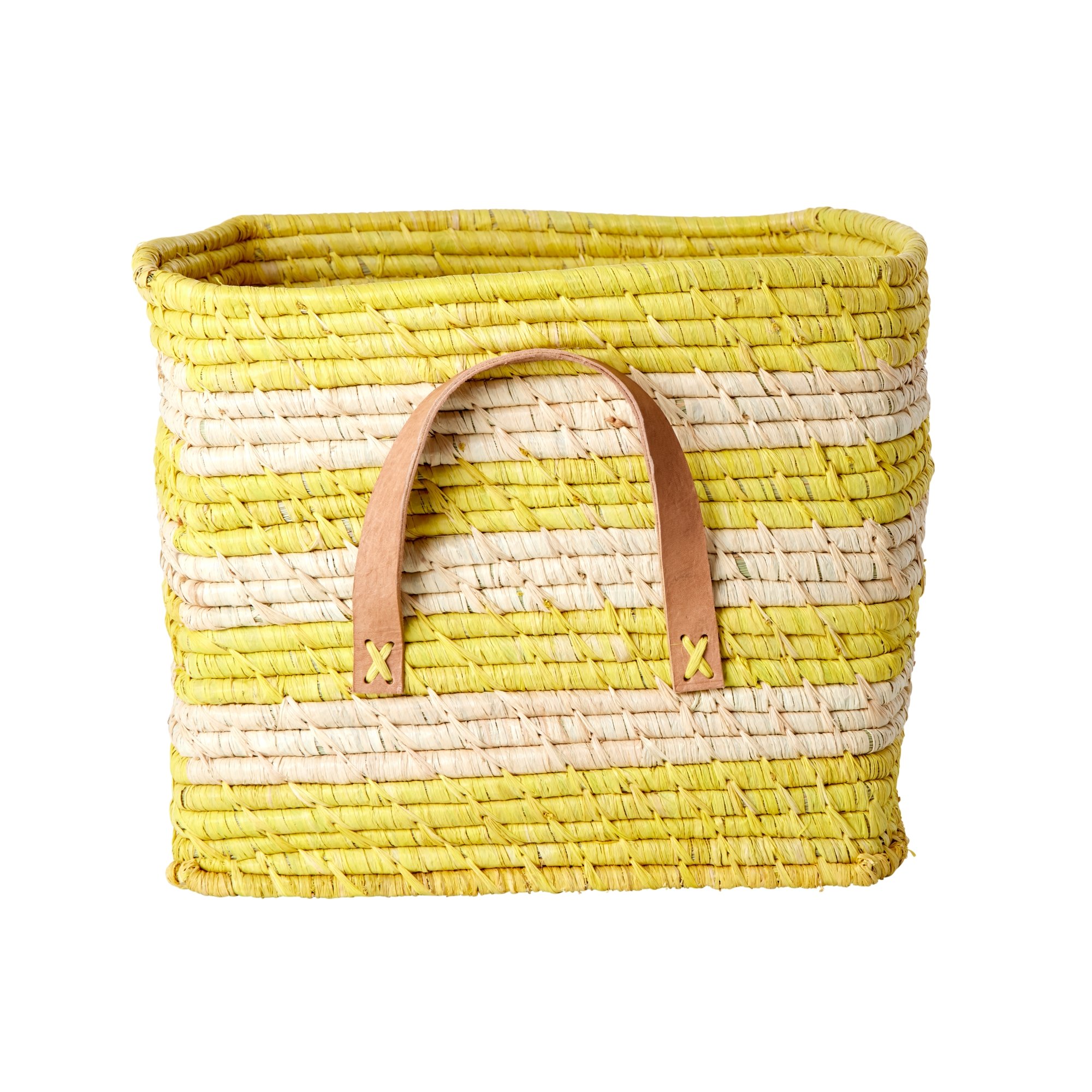 Rice - Raffia Basket with Handles And Stripes Yellow
