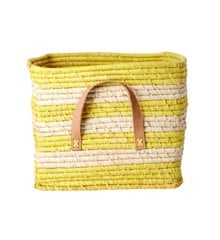 Rice - Raffia Basket with Handles And Stripes Yellow