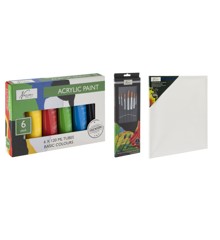 Nassau - Paint Acrylic Basic 6x120ml with Brush Set 7 pcs & Canvas 40x50cm - Bundle