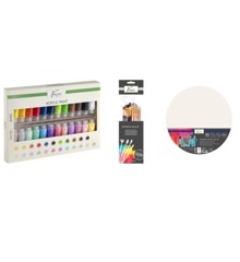 Nassau - Paint Set Acrylic 24 x 22 ml with Professional Brush Set & Canvas round Ø 30cm - Bundle