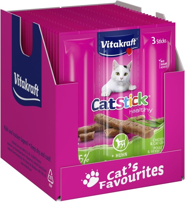 Vitakraft - Kattesnacks - 20 x Cat Stick kylling & kattegræs x 3 stk 18g