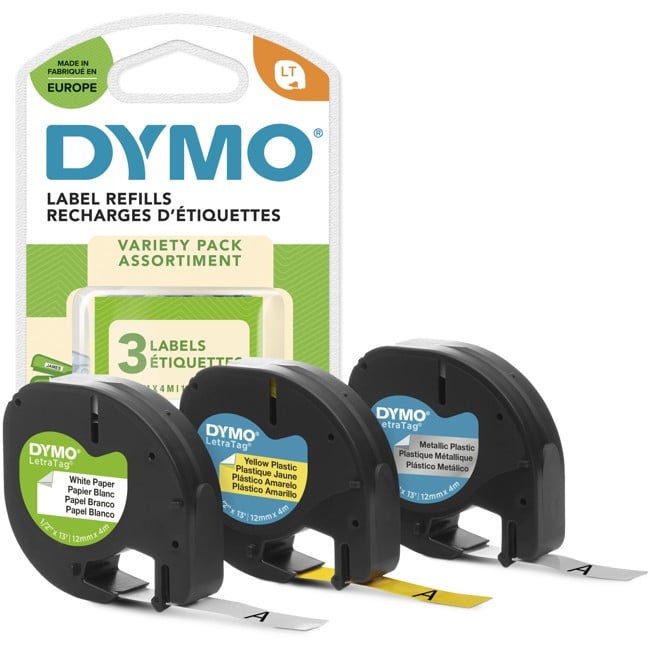 DYMO - Original LetraTag Etikettenband - 12 mm x 4 m (3 Etikettenkassetten)