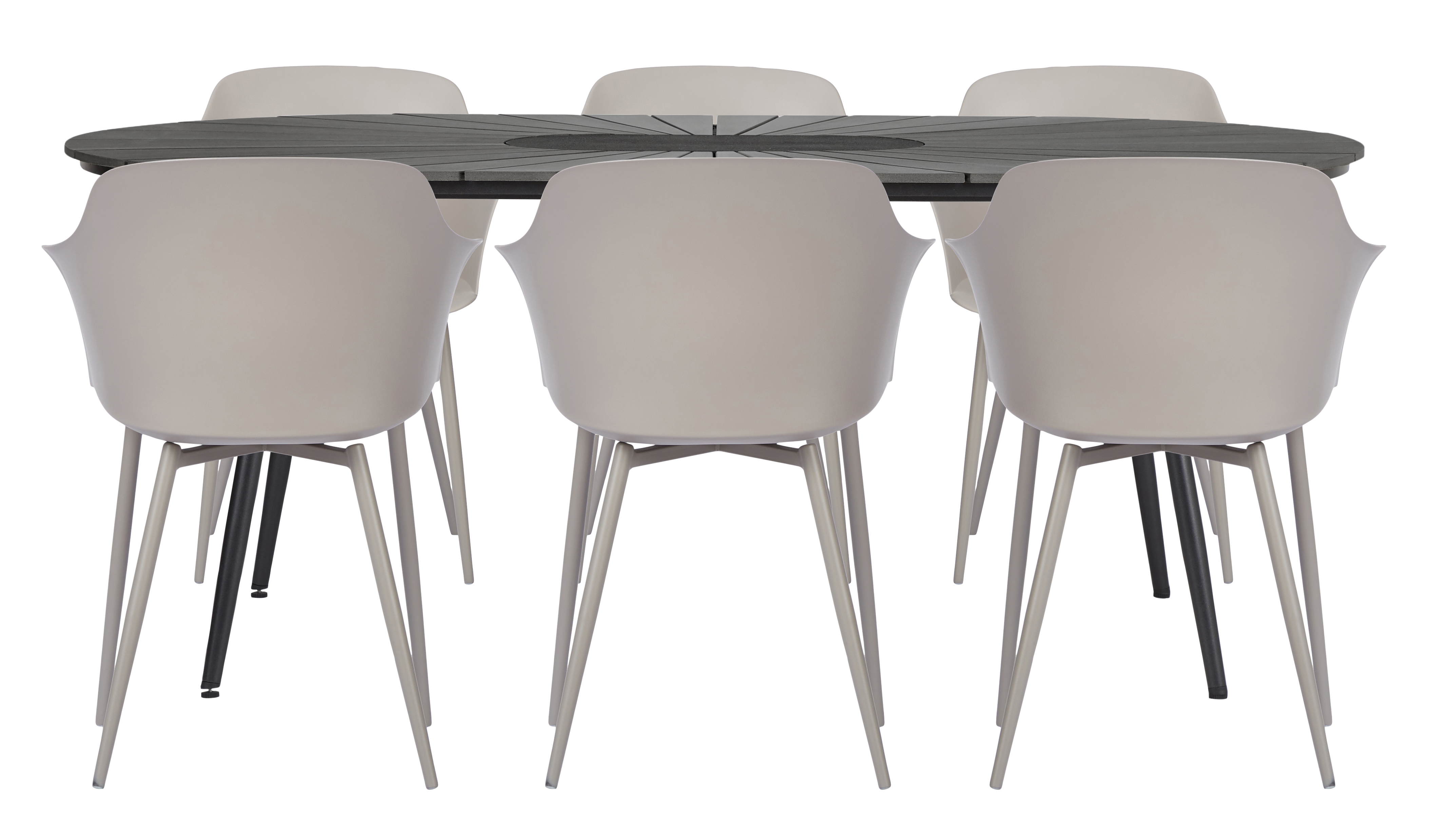 Living Outdoor - Fur Havebord 195x103 cm - Nonwood/Spraytone - Sort/Cappuccino Eg med 6 stk. Møn Havestol - Metal/Plast - Flint Grå - Bundle