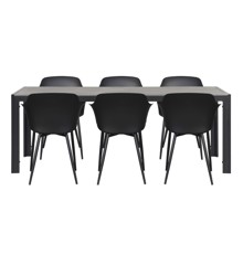 Living Outdoor - Venoe Garden Table 205 x 90 cm - Alu/Nonwood- Black/Grey Oak with 6 pcs. Moen Garden Chair - Metal/Plast - Black/Black - Bundle