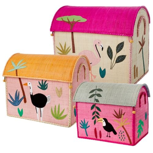 Rice - Large Set of 3 Toy Baskets Pink Jungle Theme - Baby og barn