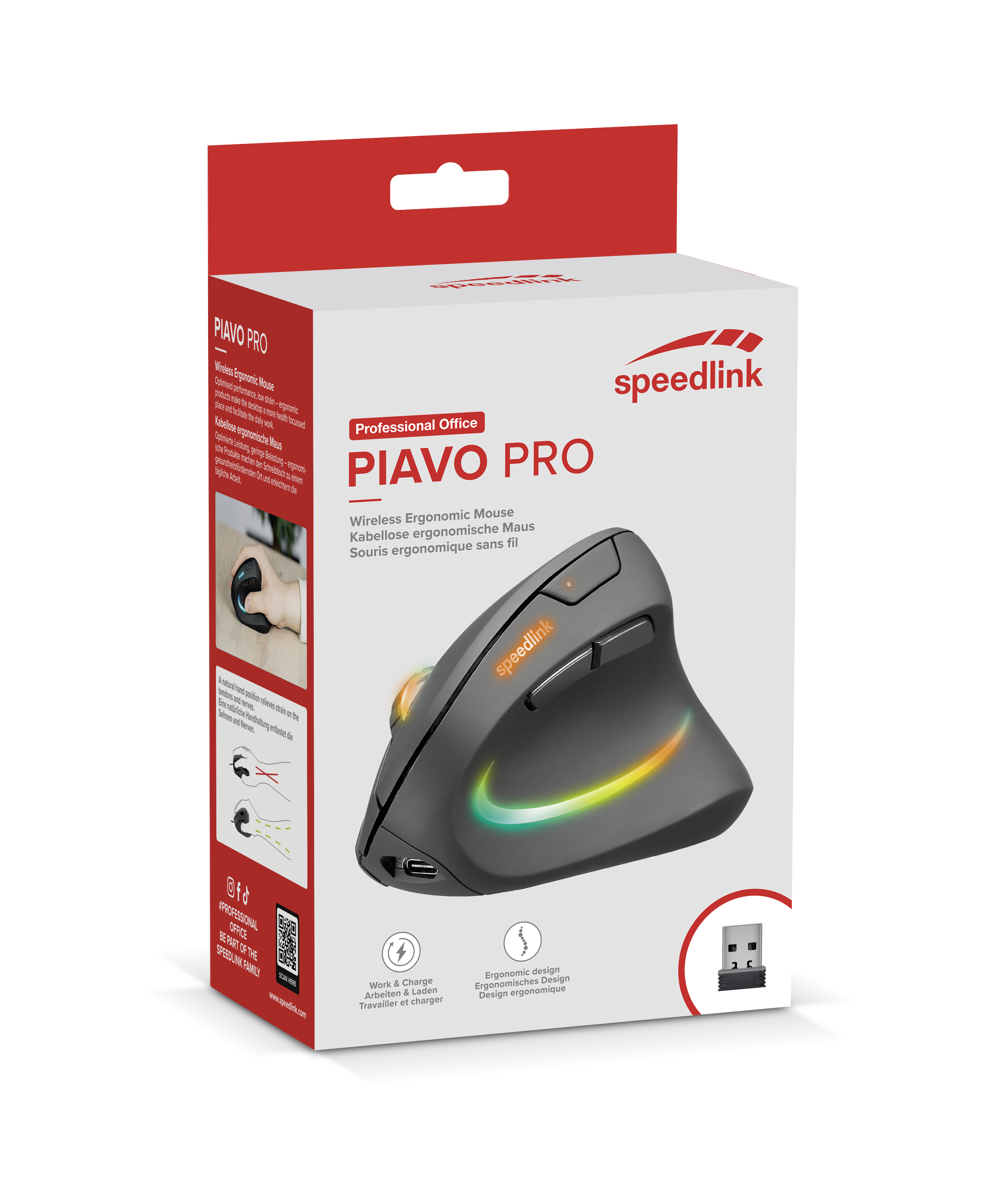 Speedlink - PIAVO PRO Illuminated Rechargeable Vertical Ergonomic Mouse - wireless, rubber-black - Datamaskiner