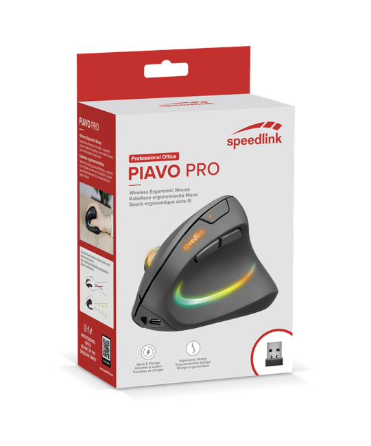 Speedlink - PIAVO PRO Illuminated Rechargeable Vertical Ergonomic Mouse - wireless, rubber-black