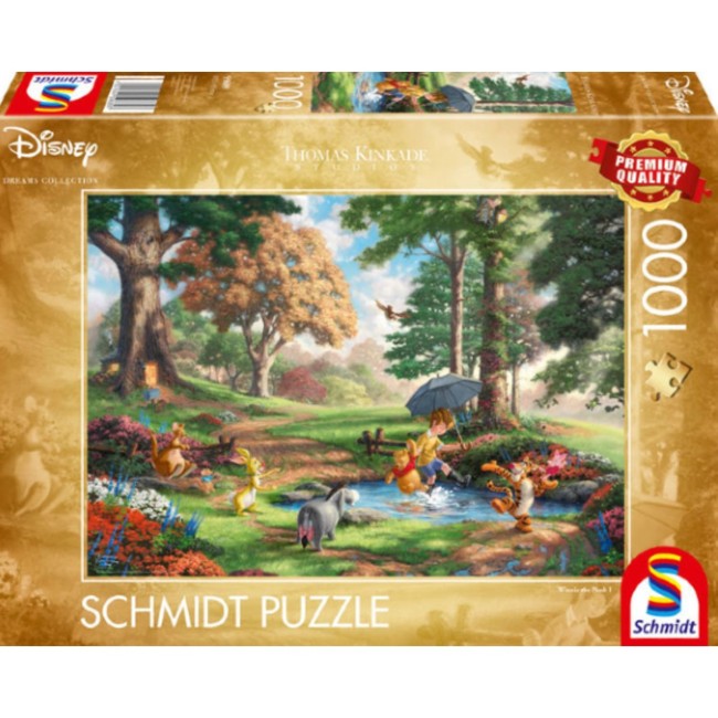 Schmidt - "Schmidt Spiele makes high-quality puzzles and has many artist-drawn motifs in their puzzle range. Over the years, Schmidt has acquired works from much-loved artists. This line of jigsaw puzzles feature artwork by the late artist Thomas Kinkade, depicting various Disney scenes.  The puzzle is made up of 1000 cardboard pieces that are precisely cut to ensure a perfect fit. The pieces are sturdy and durable, making them easy to handle and resistant to bending or breaking.   The artwork featured in the puzzles is based on some of the most beloved Disney movies, including Beauty and the Beast, Cinderella, The Lion King, and Snow White and the Seven Dwarfs. The scenes are brought to life in Kinkade's signature style, with vibrant colors, intricate details, and a warm glow that captures the essence of Disney's magic.  The puzzles come in sturdy boxes that can be used for storage and display, and include a full-color poster of the artwork to use as a reference while assembling the puzzle. Whether you're a fan of Disney, Thomas Kinkade's art, or just love a good puzzle challenge, these puzzles is an excellent choice."