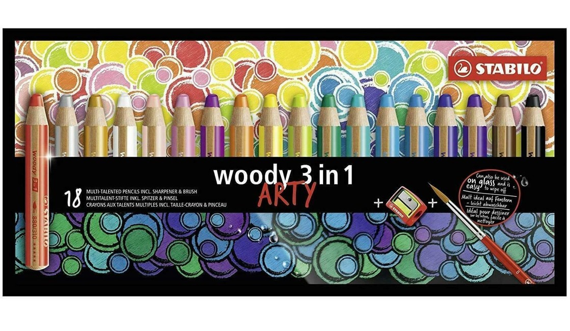 Stabilo - Woody 3in1 Farveblyanter, 18 stk med pensel og blyantspidser