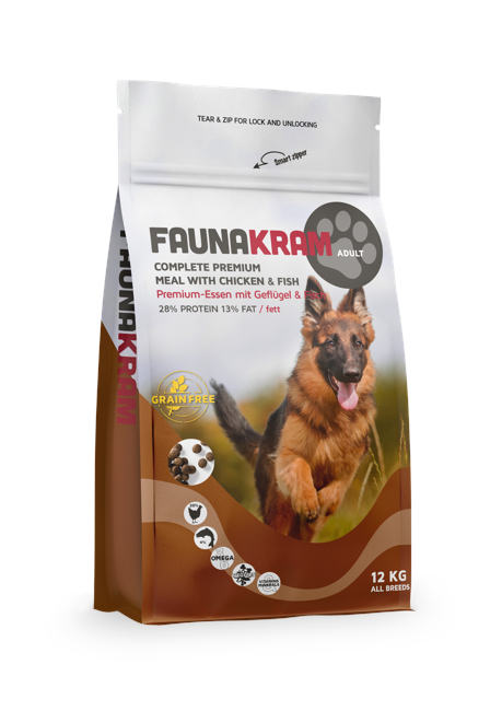 Faunakram - 12 kg. Voksen hundefoder Korn fri kylling og fisk  28-13