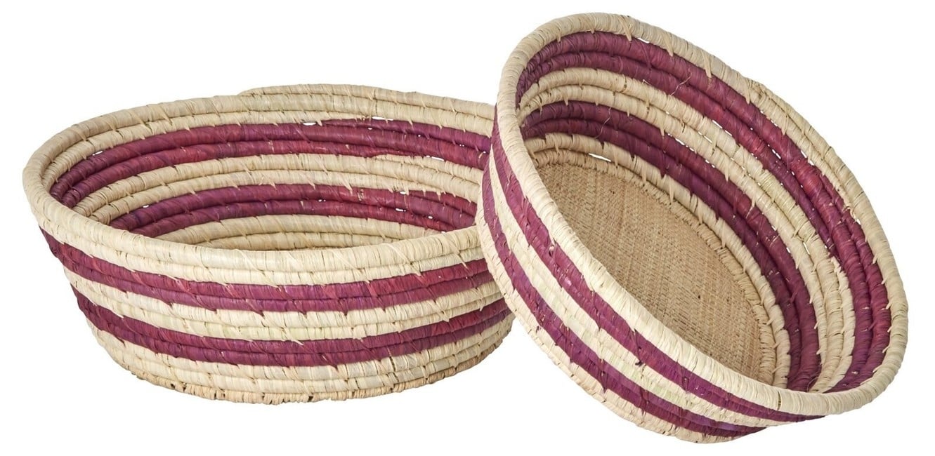 Rice - Raffia Round Bread Baskets with Aubergine Stripes - Set of 2