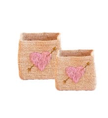 Rice - Square Raffia Storage Small and Large  Natur with Pink Heart