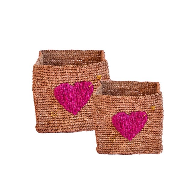 Rice - Square Raffia Storage Small and Large TEA with Red Heart