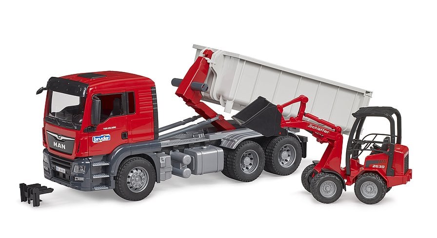 Bruder - MAN TGS truck with roll-off container&Schäffer yard loader (03767) - Leker