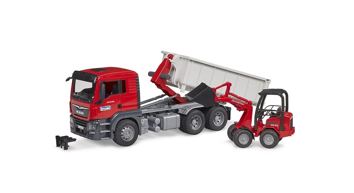 Bruder - MAN TGS truck with roll-off container & Schäffer yard loader (03767)