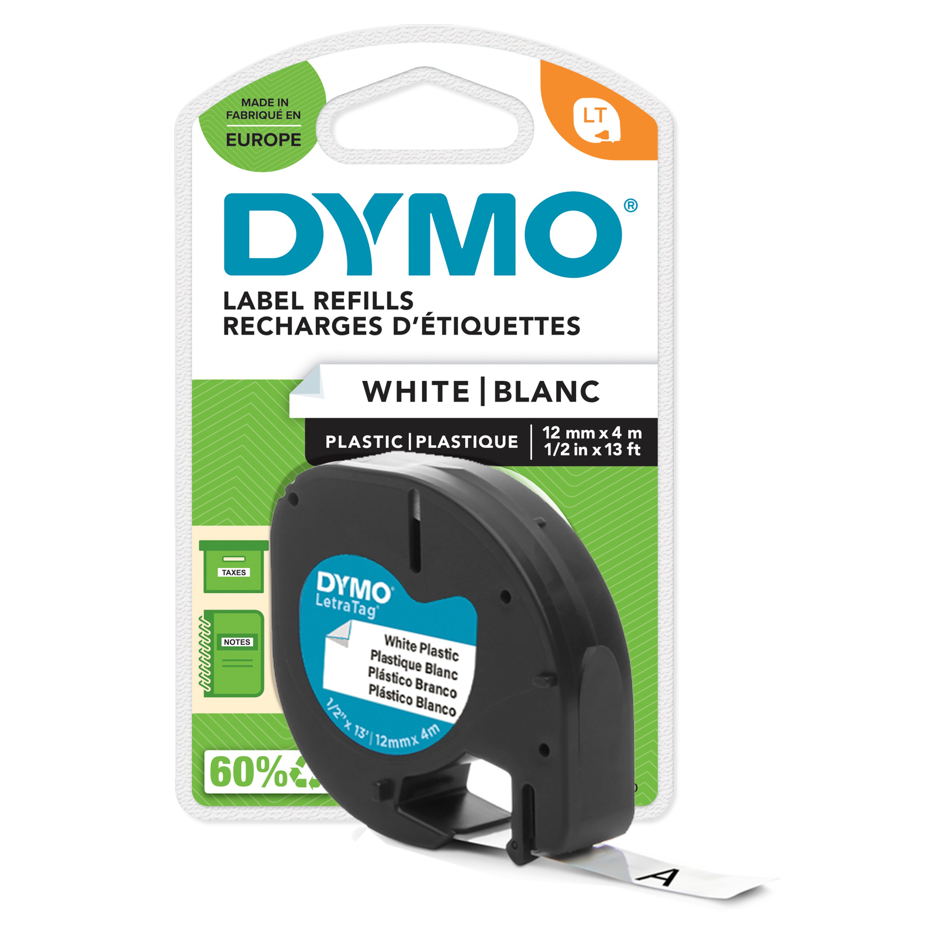 DYMO - LetraTag Tape 12mm x 4m (Black on white) (S0721660) - Kontor og skoleutstyr