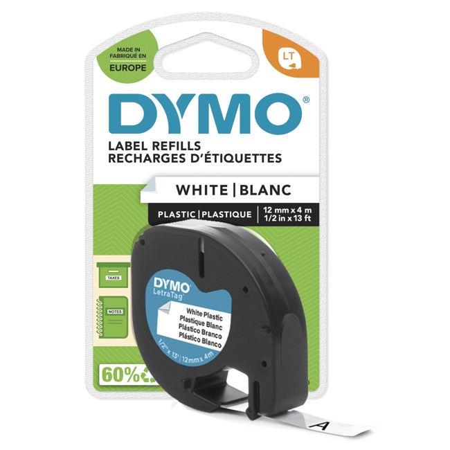 DYMO - LetraTag Tape 12mm x 4m (Sort på Hvid)